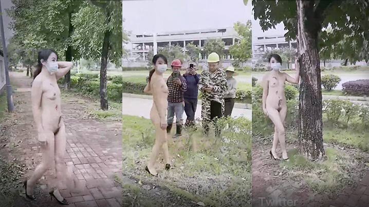 露出狂人妻悠悠姐全裸骚穴逛马路！工地大哥尾随狂拍当场爆操内射